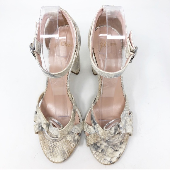 J. CREW OFF-WHITE SILVER METALLIC EMBOSSED SNAKESKIN BLOCK HEEL SANDALS - Picture 4 of 12